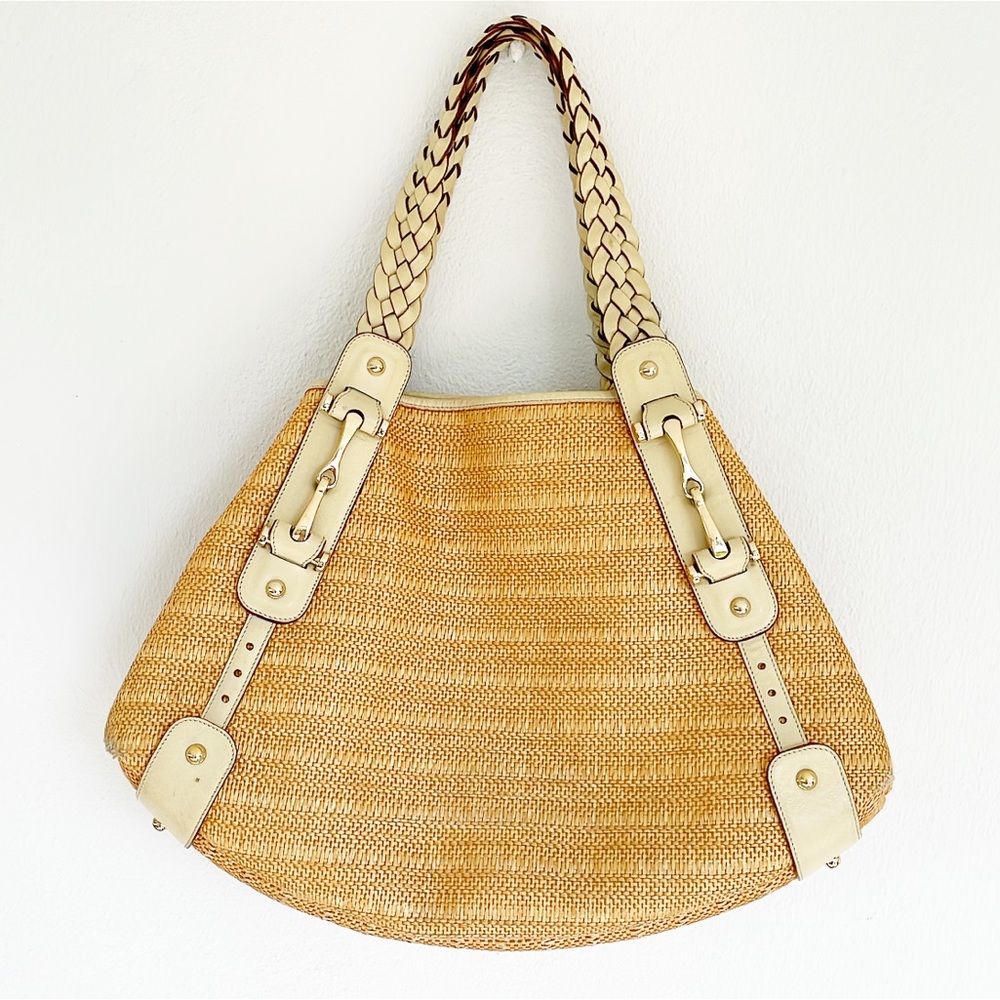 Gucci Raffia Pelham tan woven straw braided leather strap shoulder bag